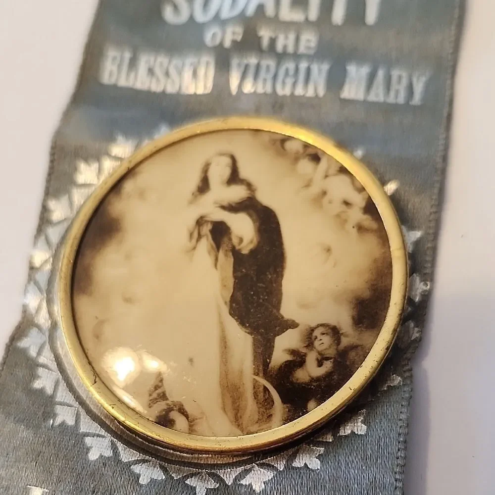 Vintage Religious Medal Badge with Blue Ribbon Jasper College Academy